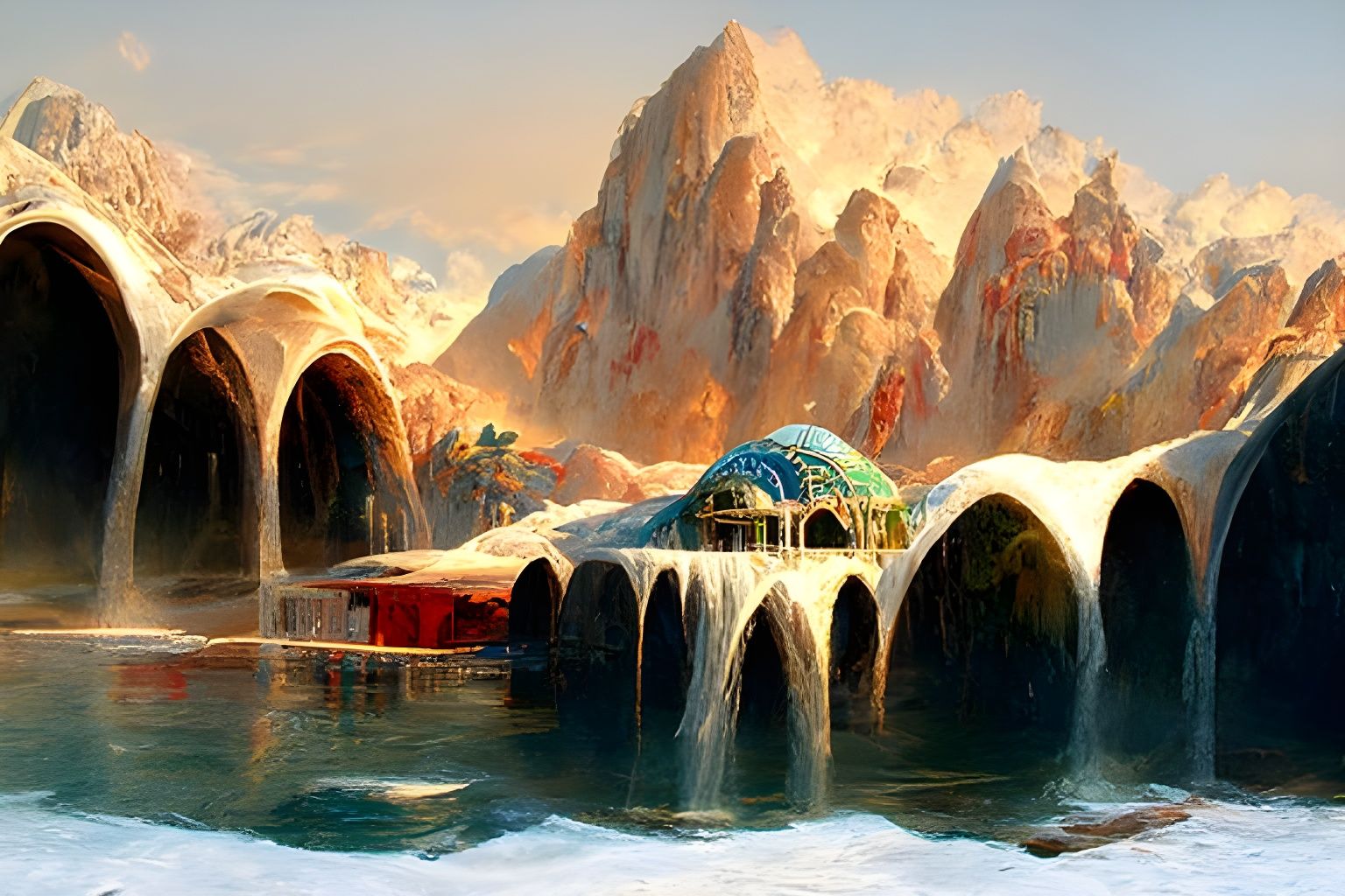Oasis with Waterfalls and Mountains: Hyperrealistic Digital ...