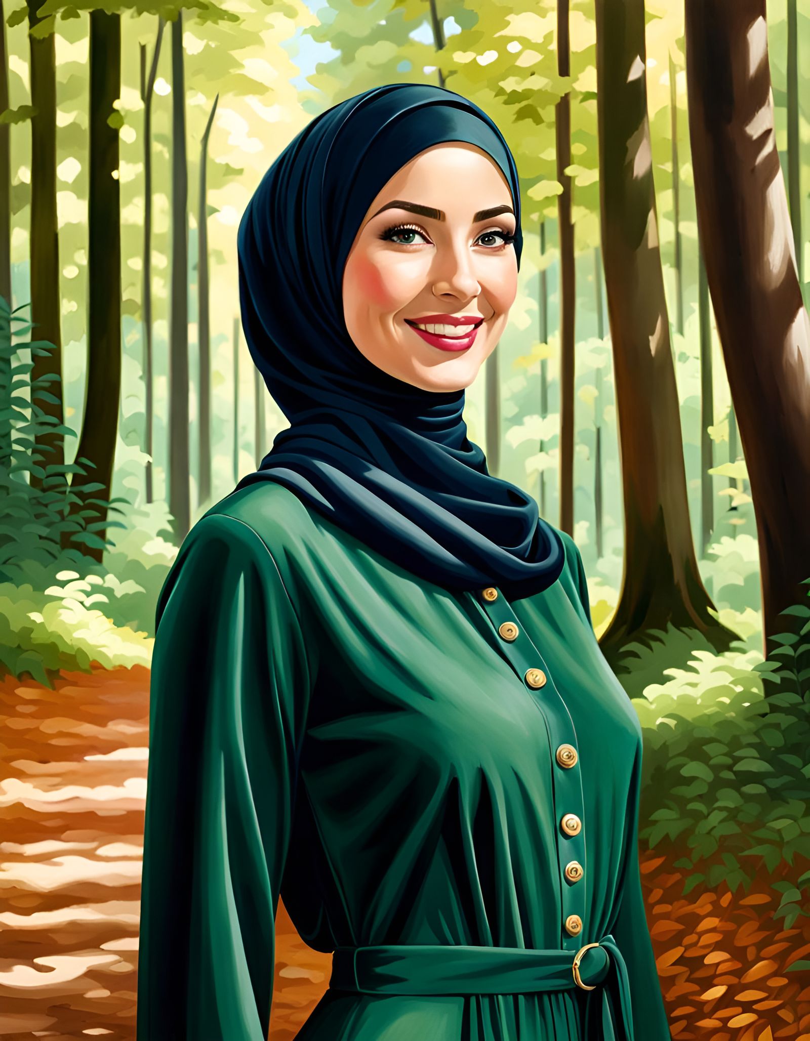 Elegant Woman in Hijab in Beech Forest as Oil Painting