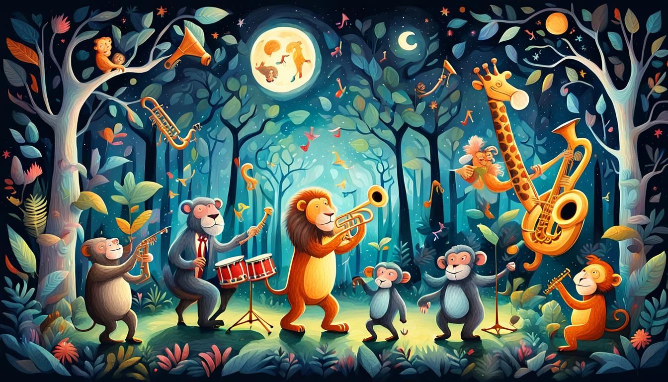 Whimsical Jazz Band Performance in Moonlit Forest