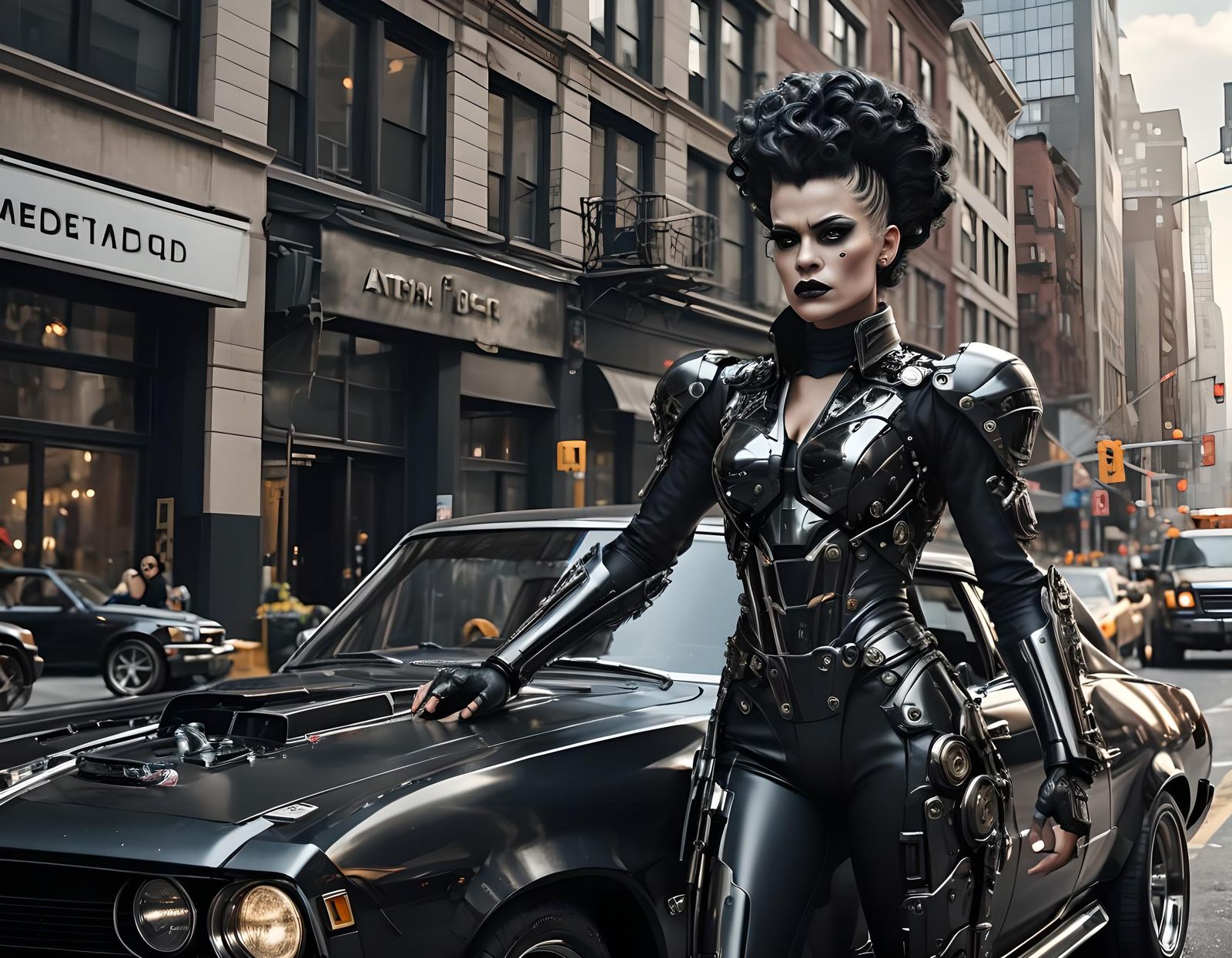 Bride of Frankenstein and Her Cyberpunk Muscle Car