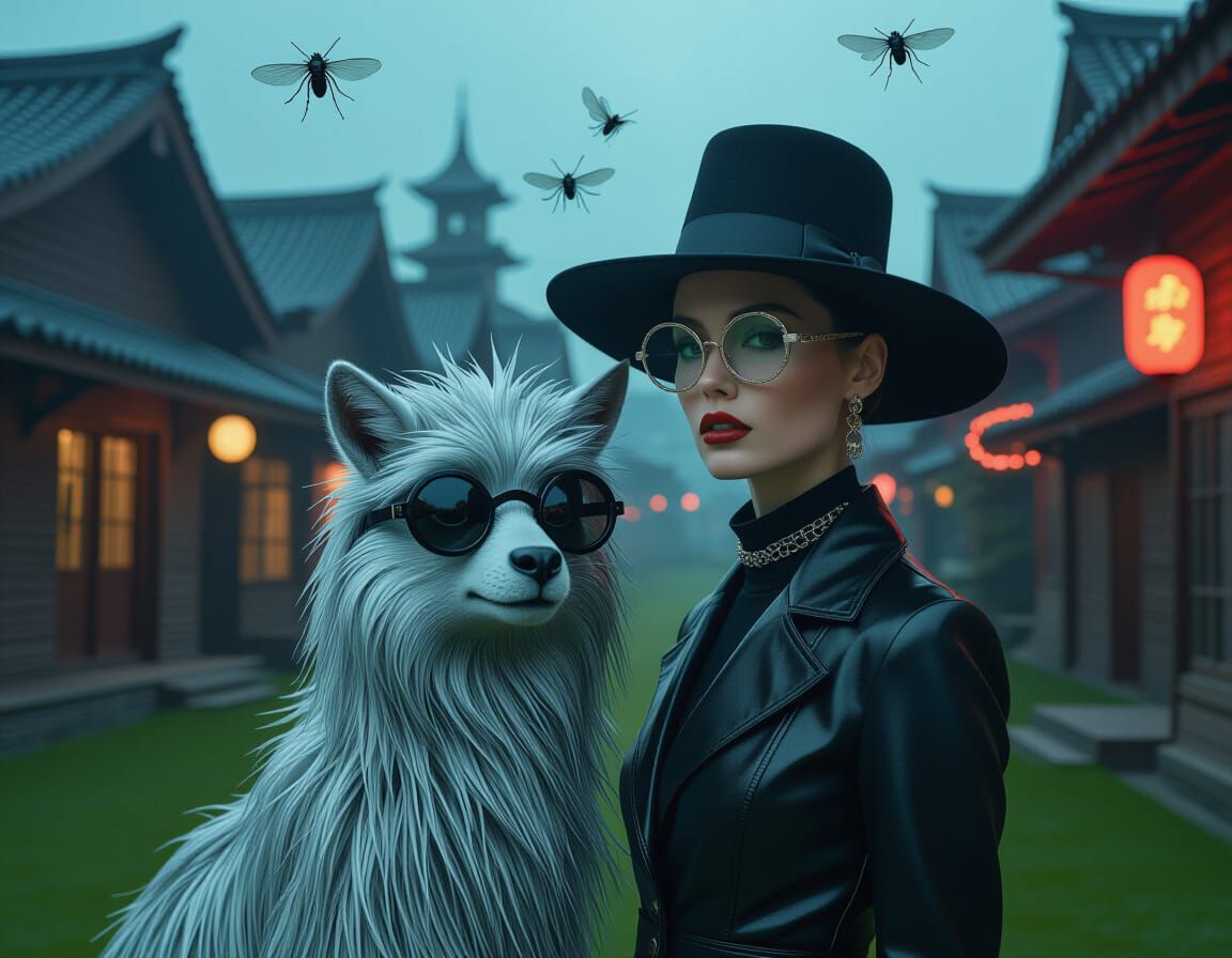 Surreal Village Scene with Artificial Beings and Hairy Anima...