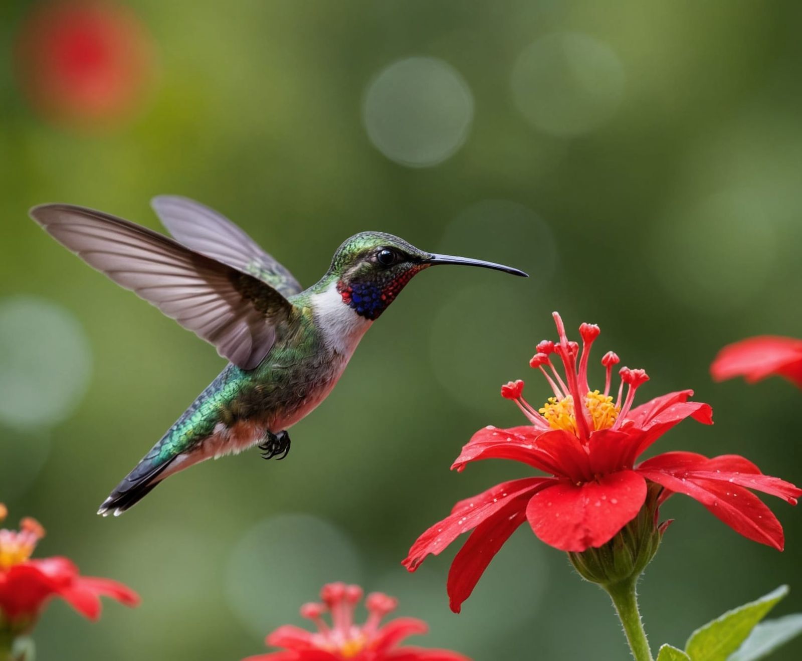 Hummingbird Feeding in Vibrant Garden with Bokeh