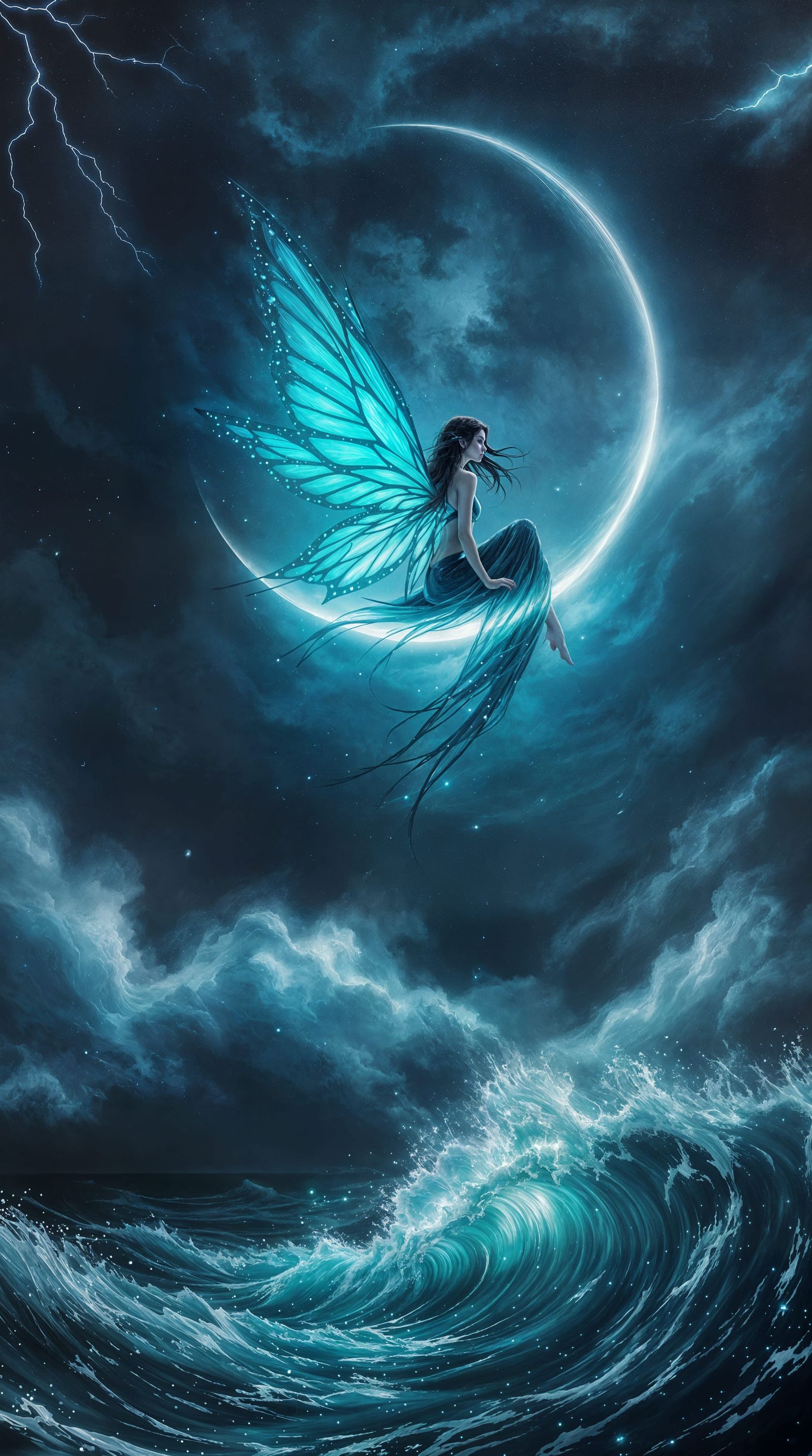 Surreal Fantasy Painting of Serene Fairy on Stormy Sea