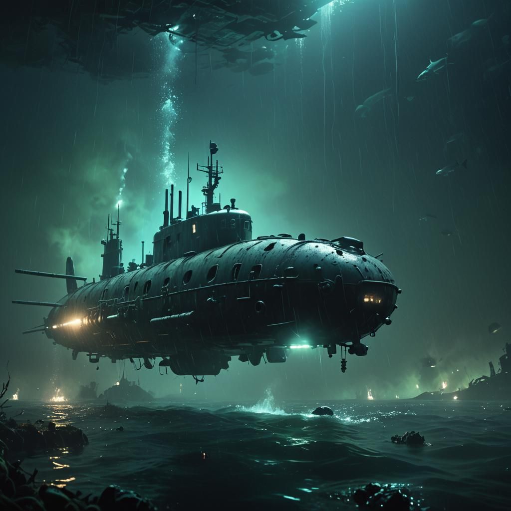 Deep-Sea Submarine Emitting Signal in Dark Waters