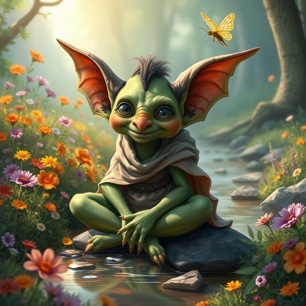a green hobgoblin with extremely large ears sitting by a stream in a fantasy land, flowers and a fairy
