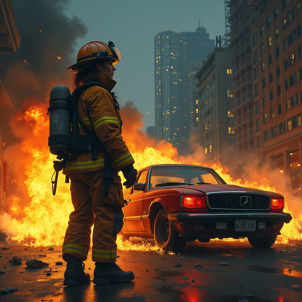 Brave Firefighter in Burning Chicago, Cinematic Style