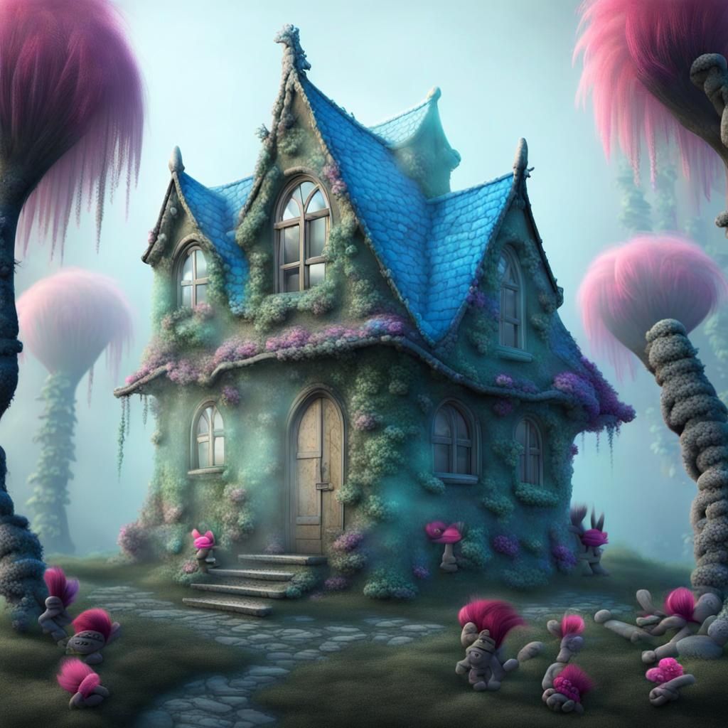 Enchanted Forest Home with Crystal Orbs and Trolls