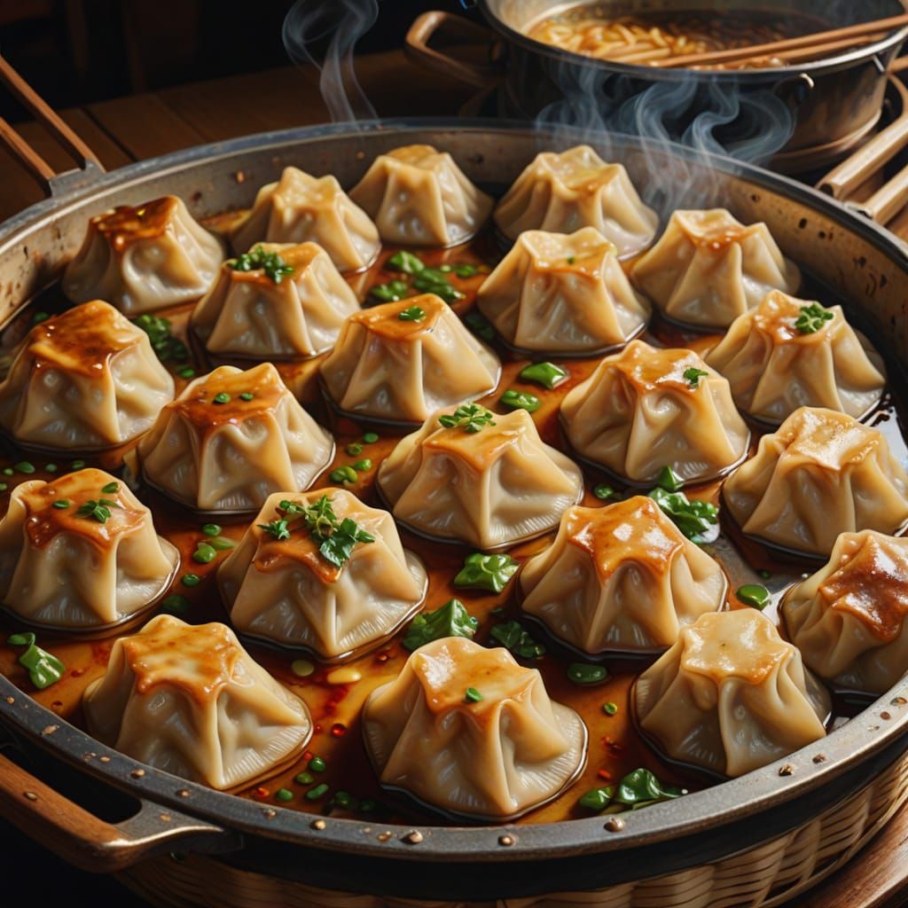 Stunning Oil Painting of Steamed Dumplings in a Chinese Rest...