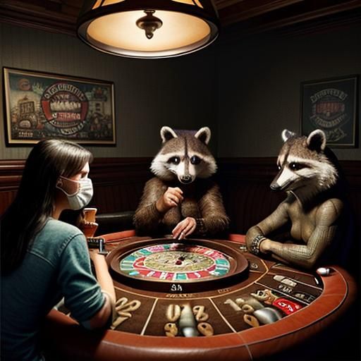 Raccoons Play Poker in Dimly Lit Casino
