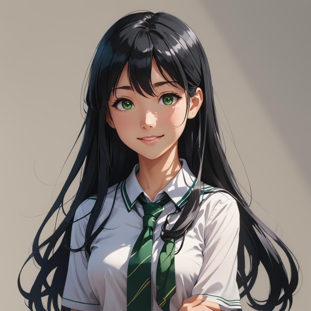 A captivating anime waifu with long, silky black hair, weari...