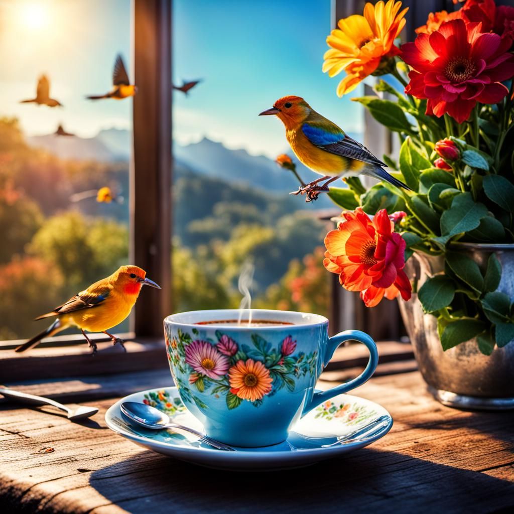 Bright Morning Scene with Flowers and Coffee