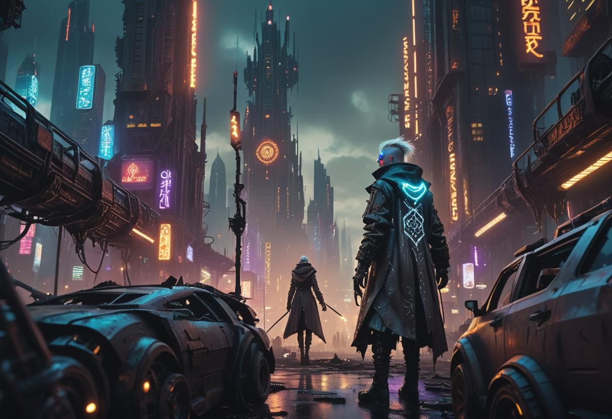 Aetherpunk Mage Defends Cyberpunk Cityscape