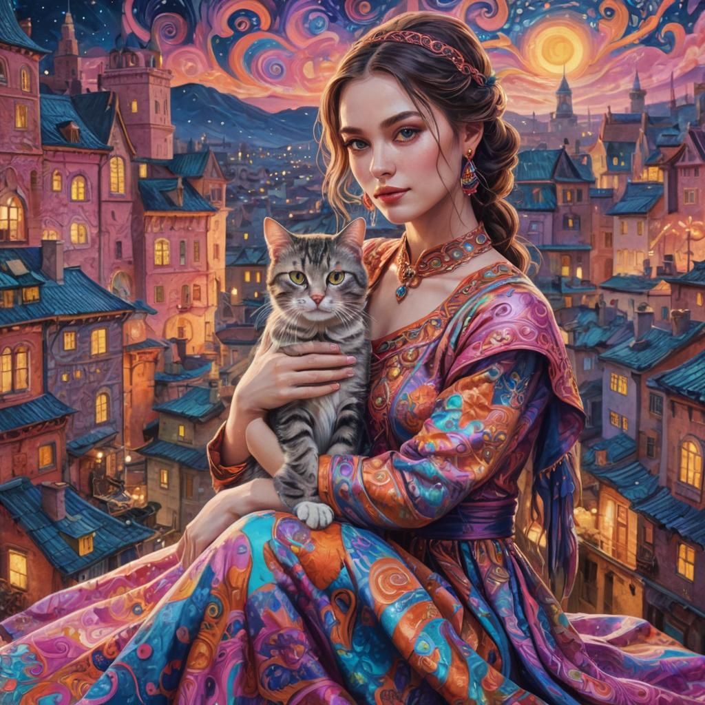 Woman and Cat in Dreamlike Cityscape, Digital Art