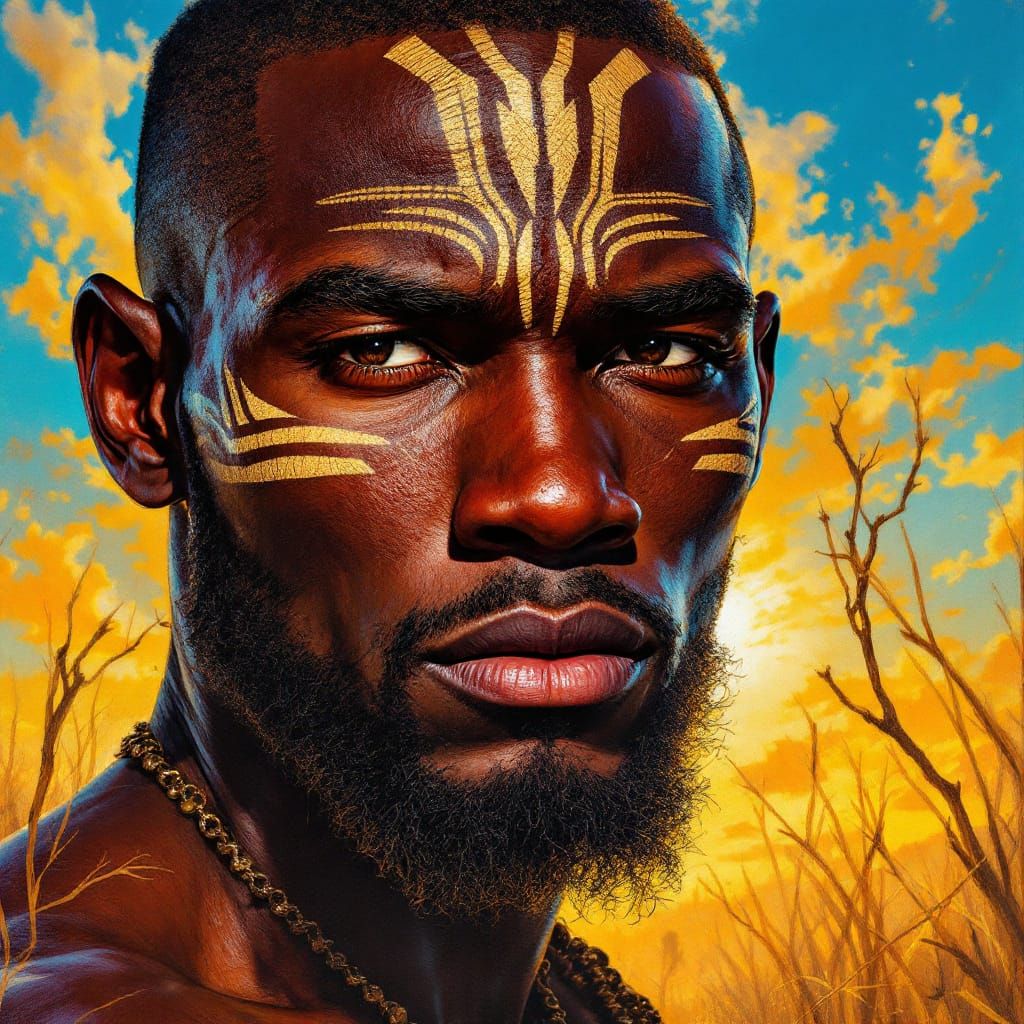 African Man's Tribal Portrait in Hyperrealistic Oil Style