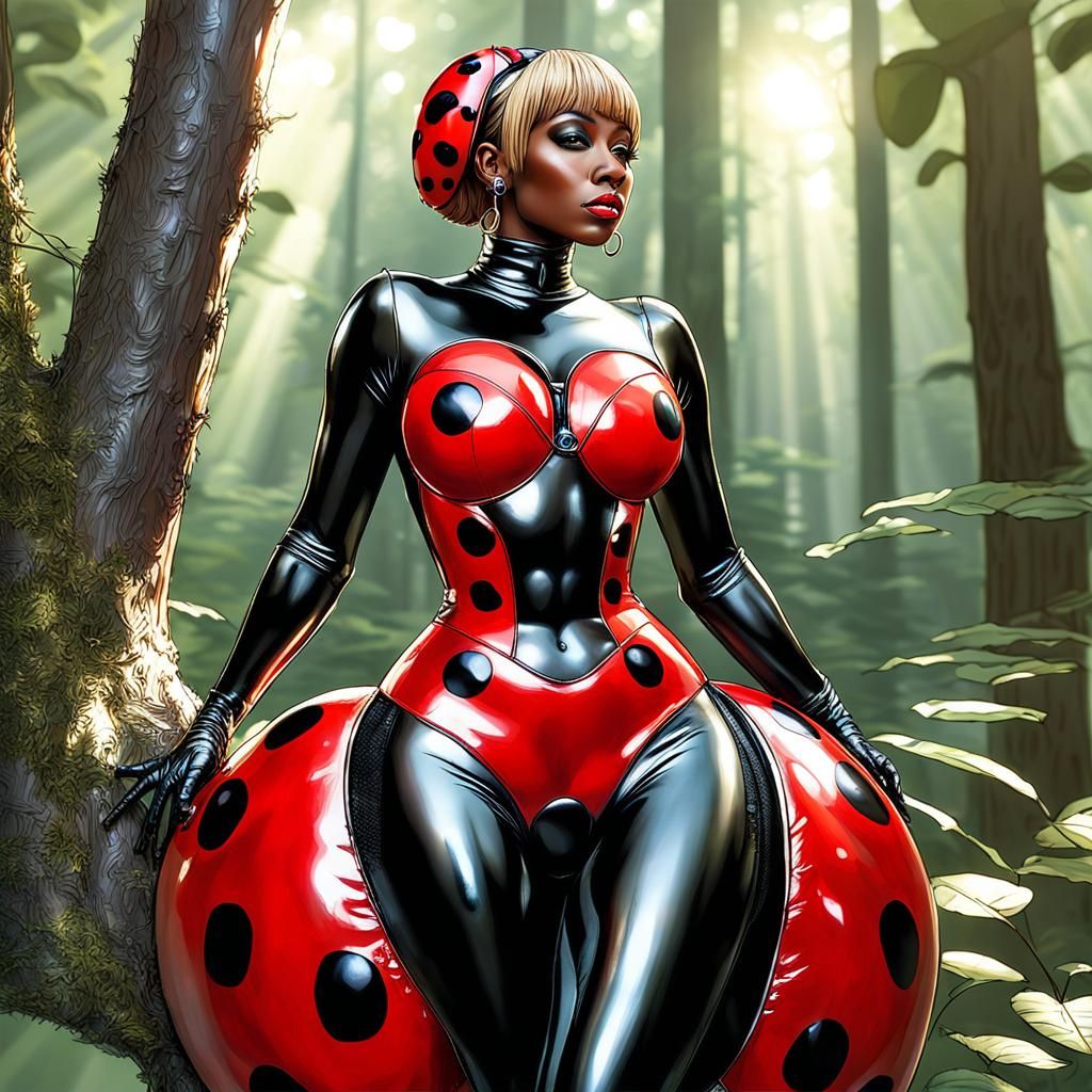Metallic Ladybug in Sunlit Forest: Hyperrealistic Art