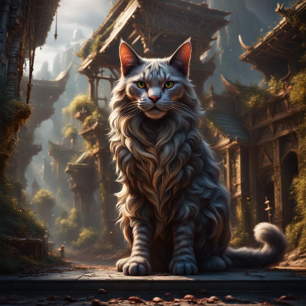 Giant Cat in Detailed Matte Painting Style