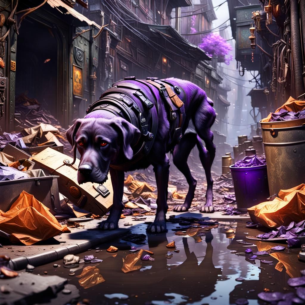 Dystopian Dog Scavenging in Garbage, Dark Fantasy Art