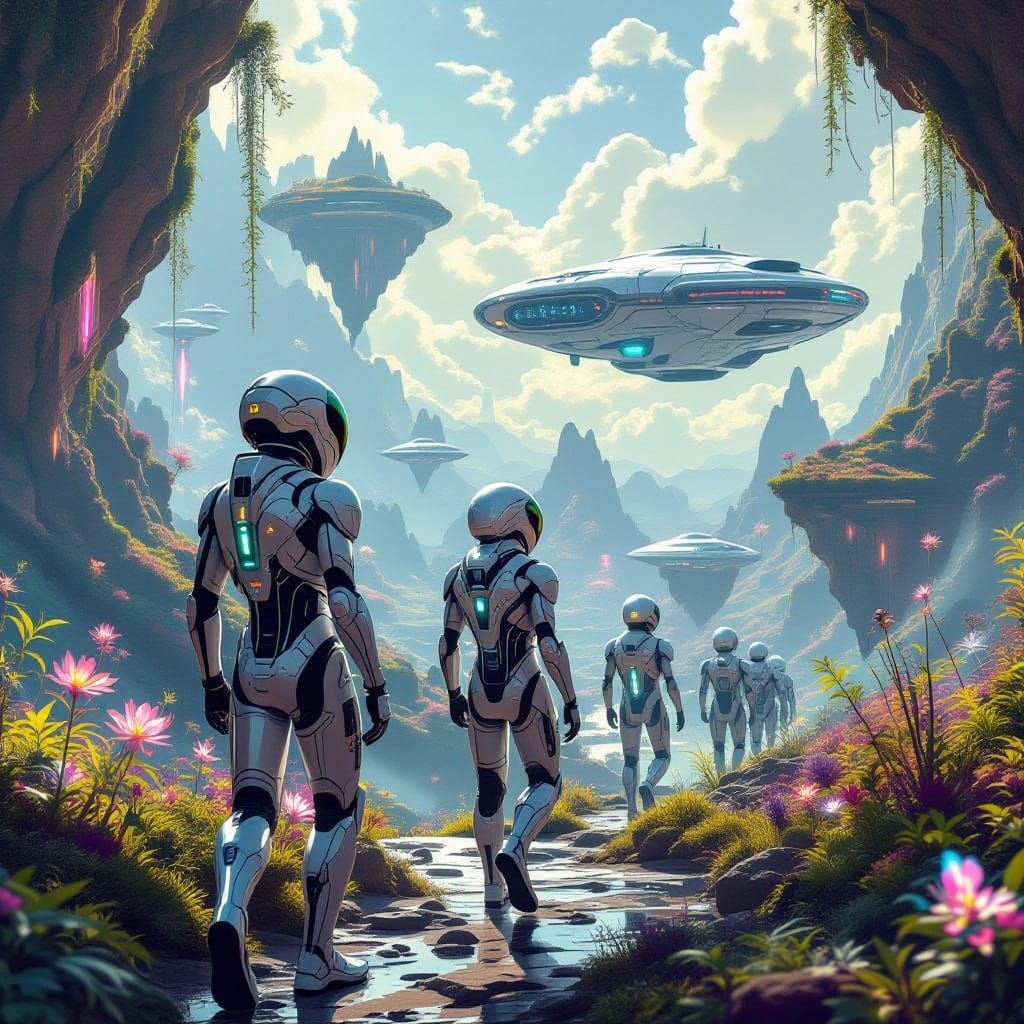 Aliens in Futuristic Metallic Exosuits Step into Vibrant Oth...
