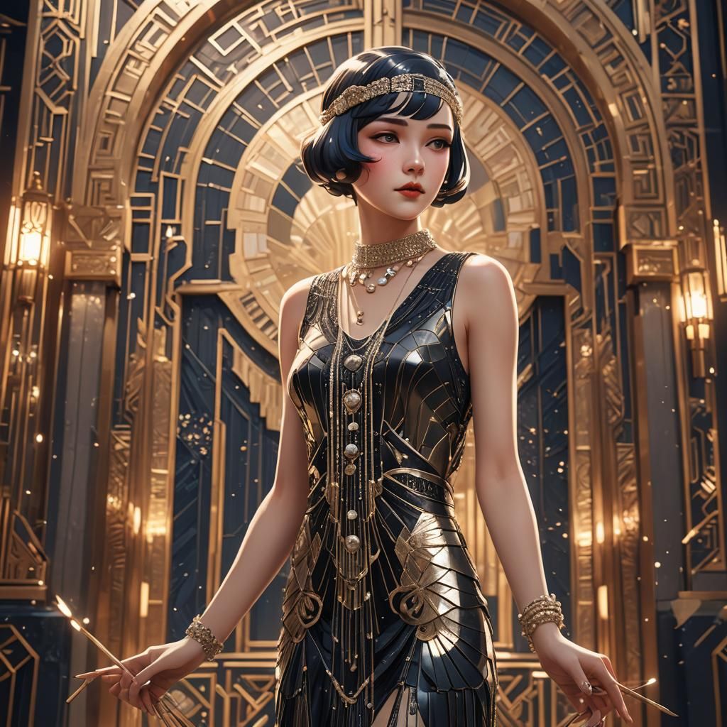 Flapper Girl in Art Deco Style, WLOP-Inspired 3D Anime