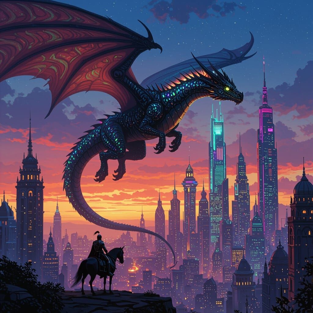 A majestic dragon soaring through a vibrant, biofuturistic c...