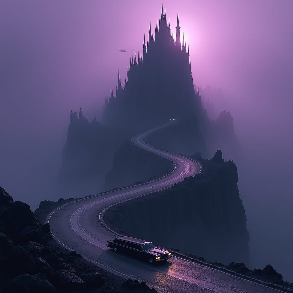 Dark Fantasy Limo Ascends Spire Castle in Purple Fog