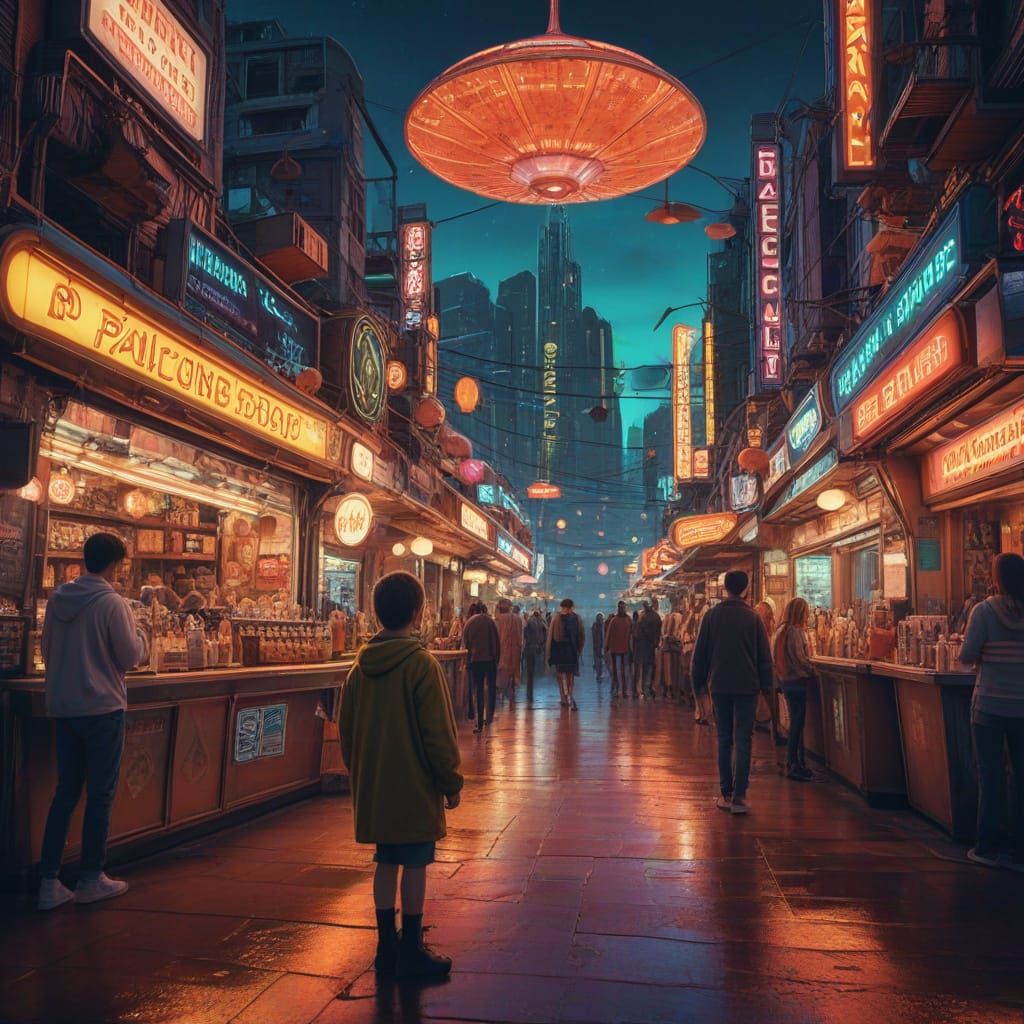 Child in Futuristic City with Neon Signs, Moebius Style