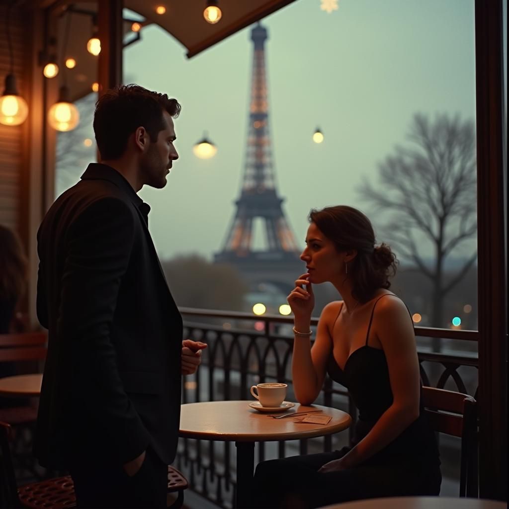 Parisian Cafe Encounter in French New Wave Style