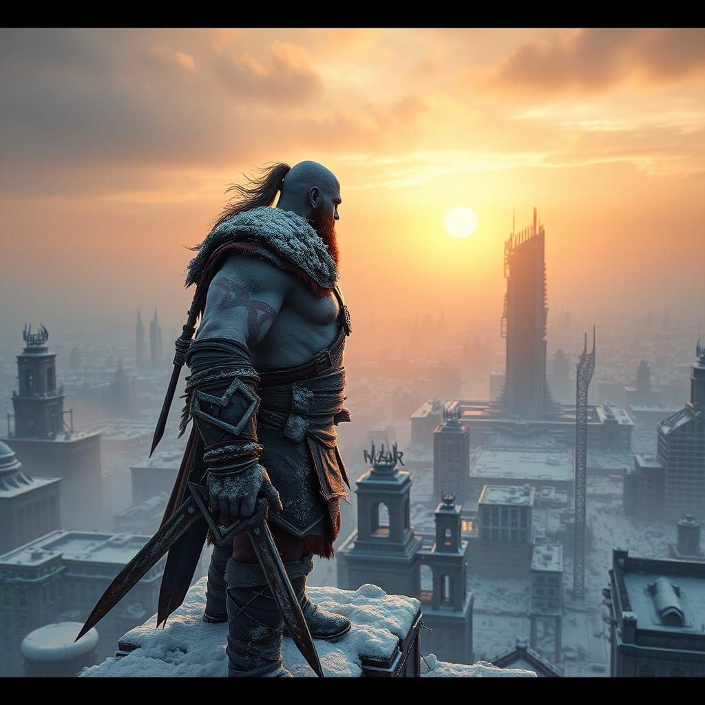 Kratos Watches Over a Ruined Metropolis in Cyberpunk Style