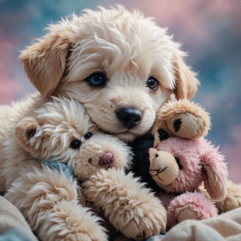 Puppy Cuddles Teddy Bear: Whimsical Digital Painting