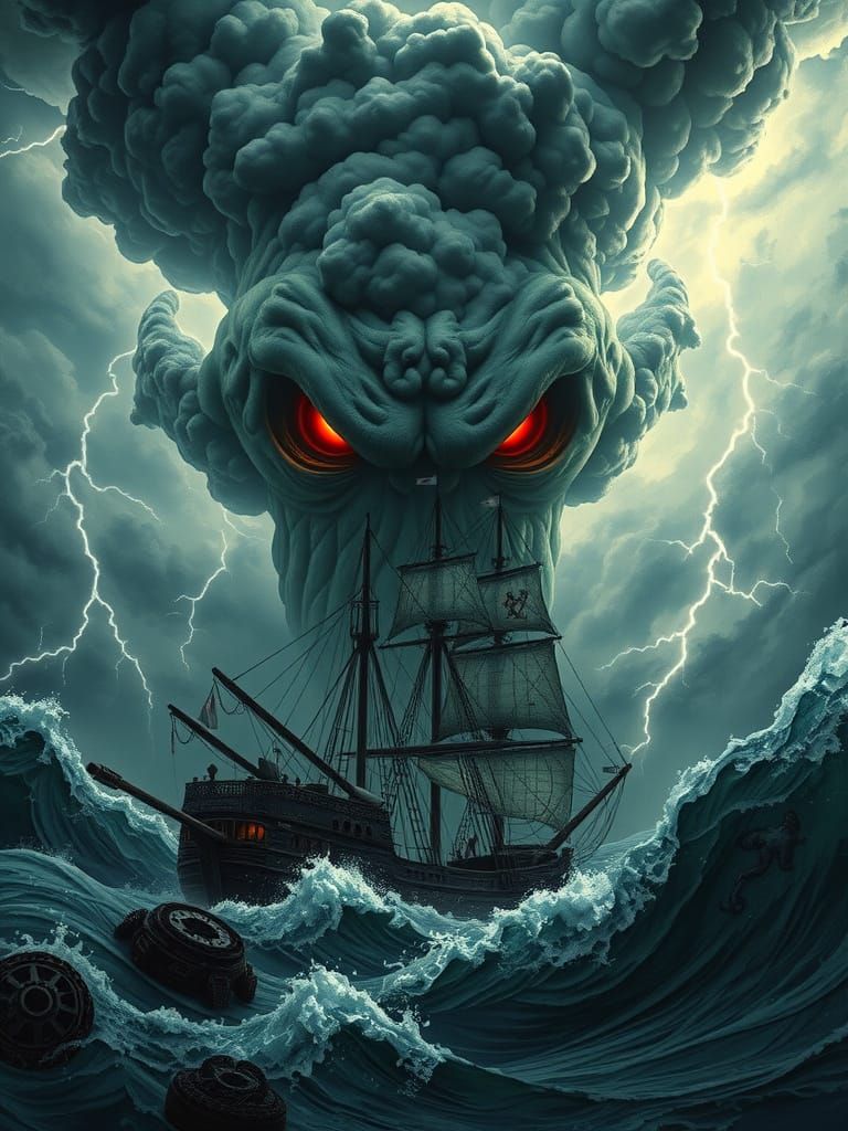 Cyberpunk Horror: Cthulhu Face in Thunderstorm