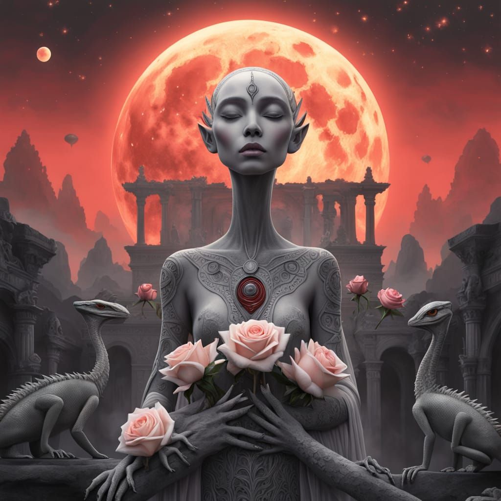 Bunch of Pink Roses under the Orange Moon