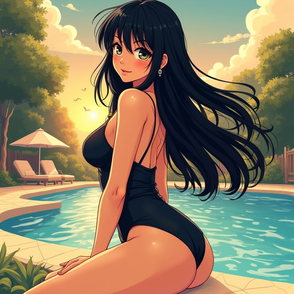 Woman in Black Swimsuit: Manga-Inspired Digital Art