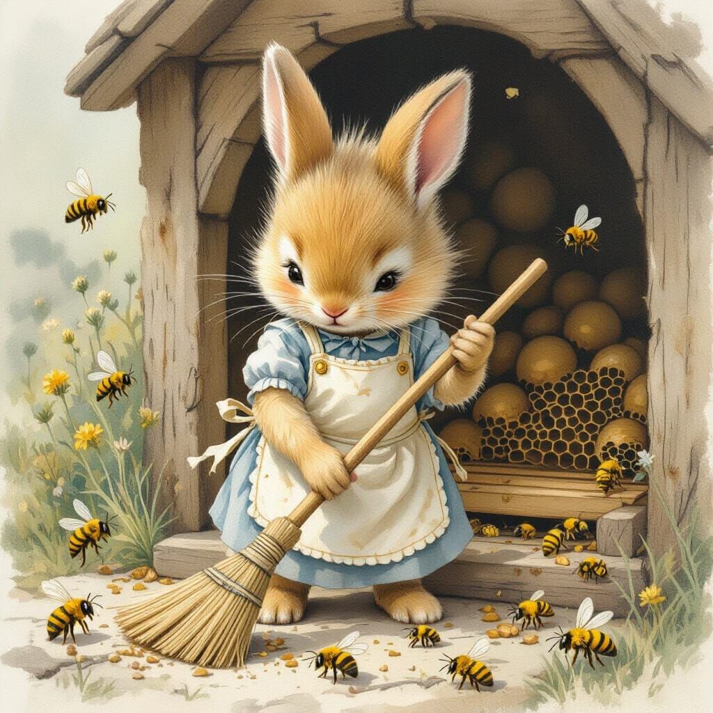 Bee Nuna Sweeping Hive in Whimsical Illustration