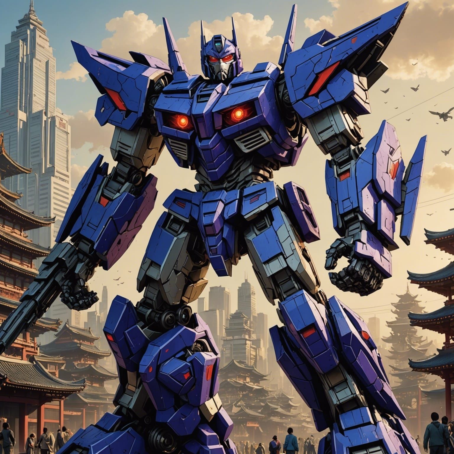 Giant Decepticon Concept Art in Ukiyo-e Style