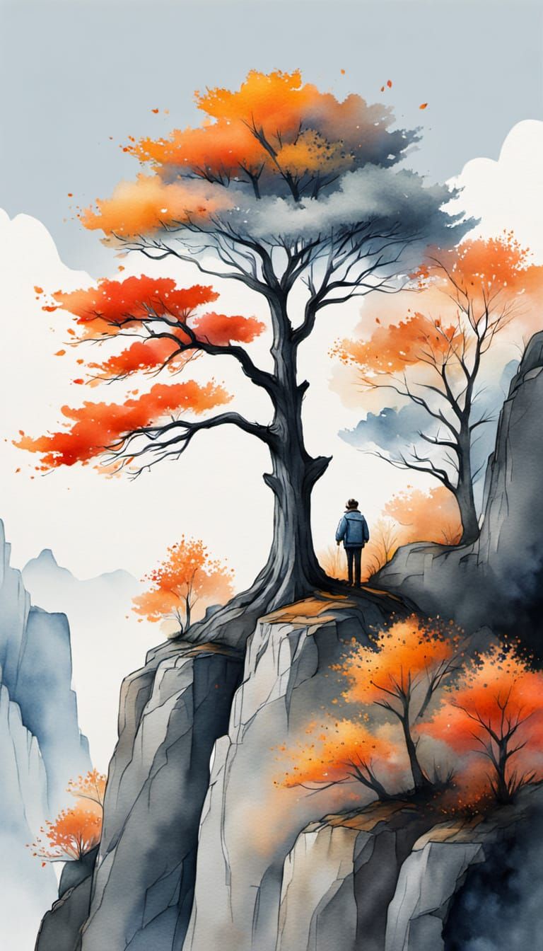 Ink and Watercolor Illustration of Budding Cliffside Tree