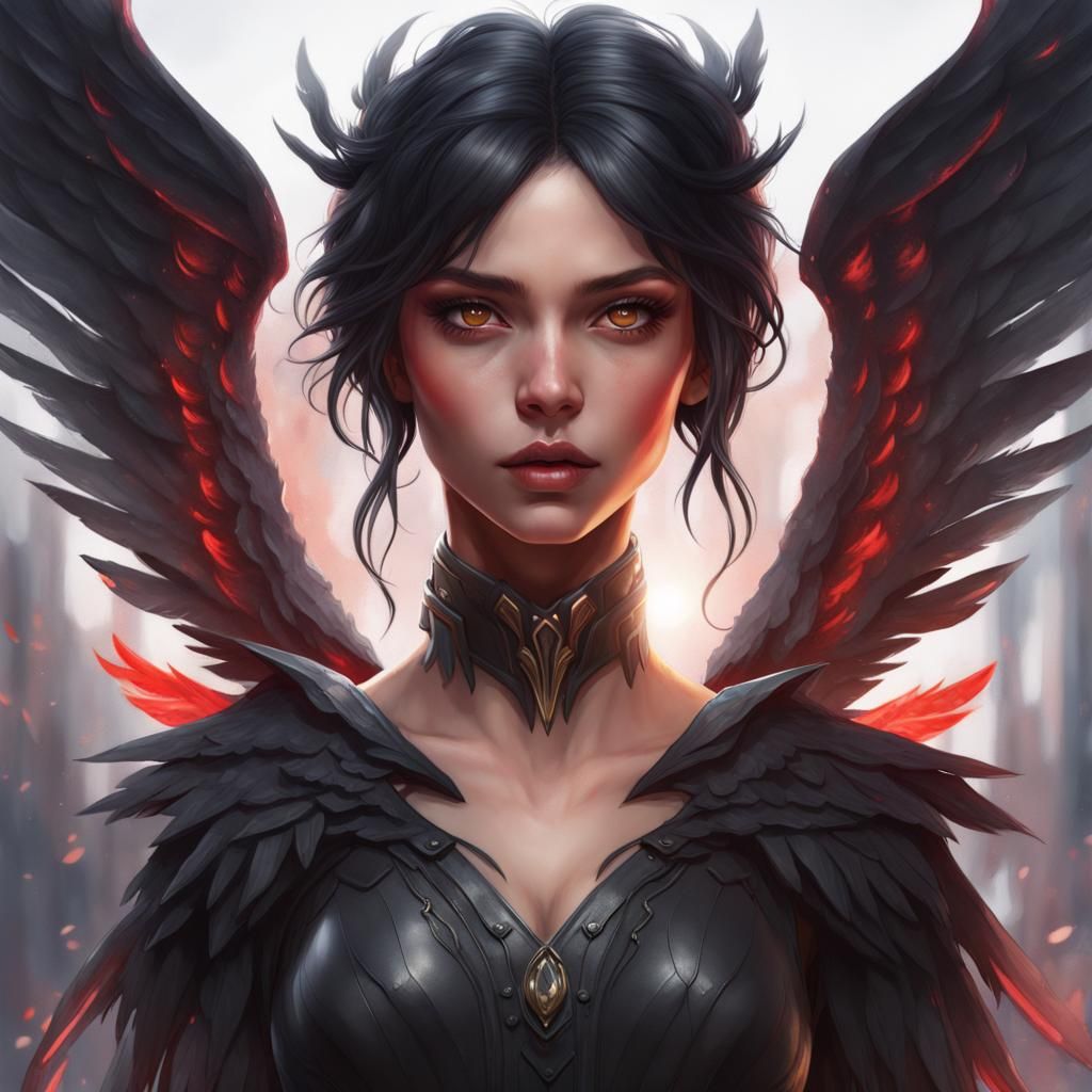 Girl with Black Angel Wings: Hyperdetailed Fantasy Portrait