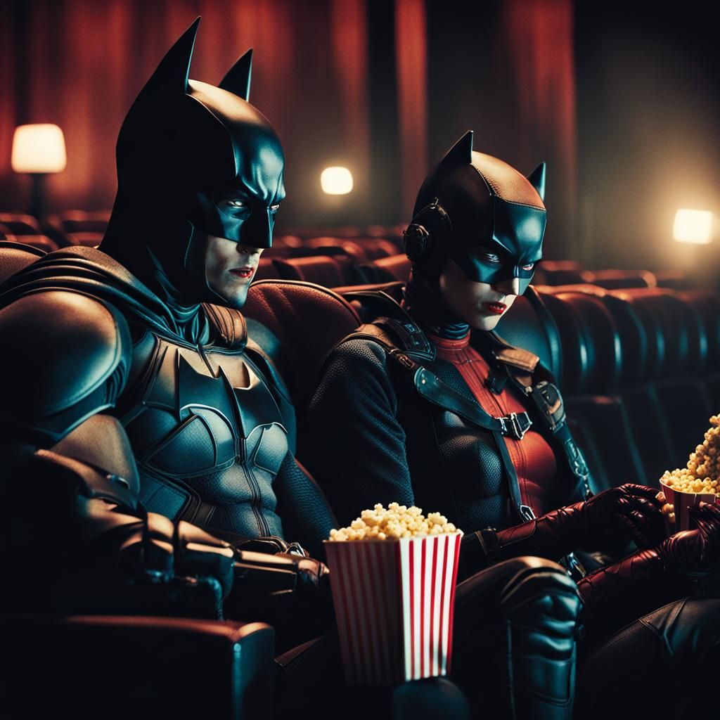 Batman and Catwoman Watch Deadpool: Noir Film Still