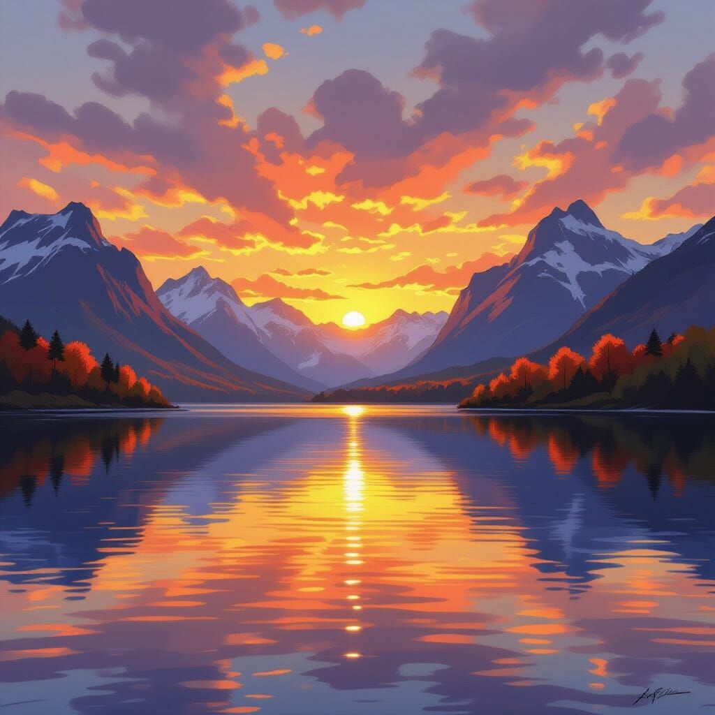 Autumn Lake Sunset Reflecting Mountain Silhouettes