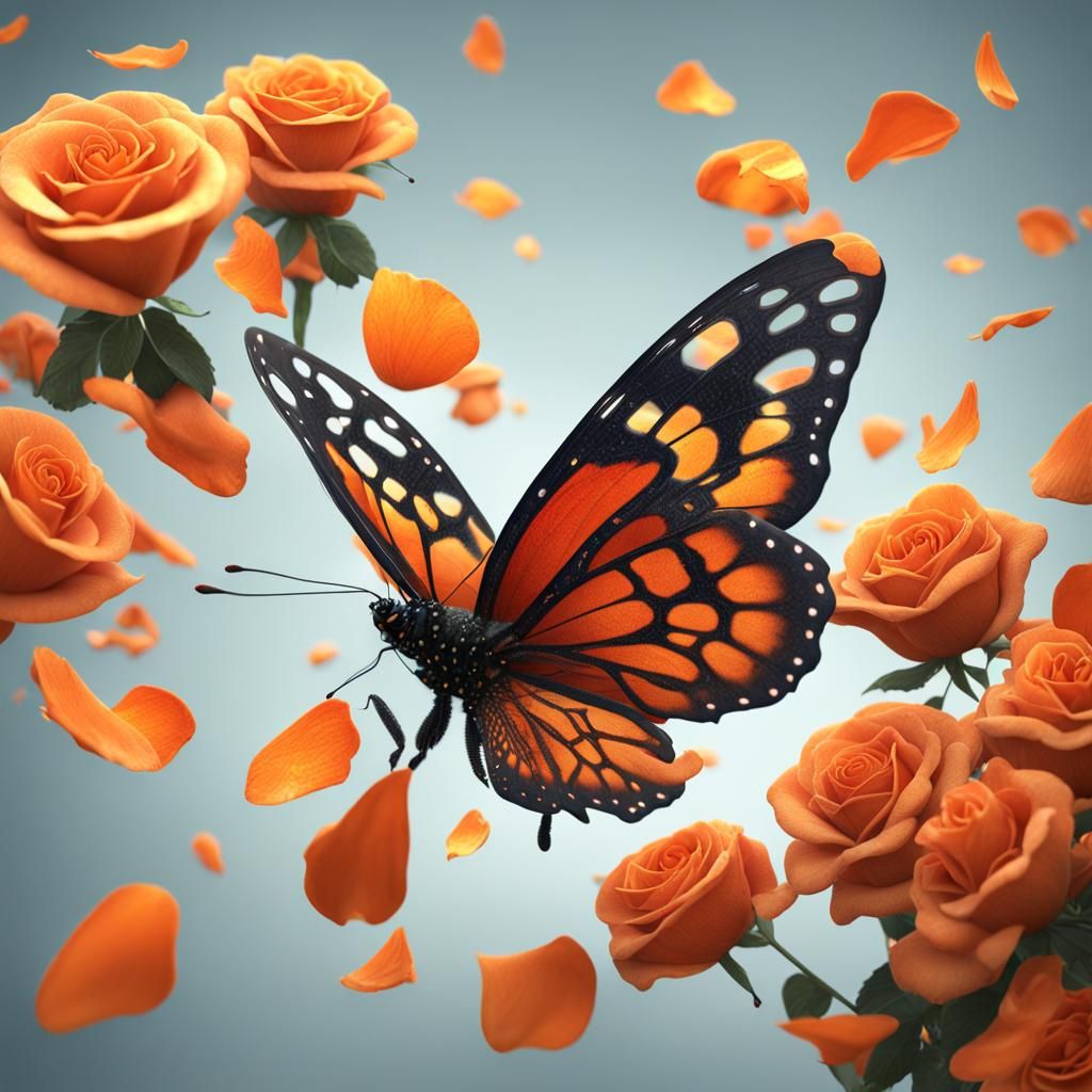 Orange Butterfly on Rose Petals: Fantasy Art
