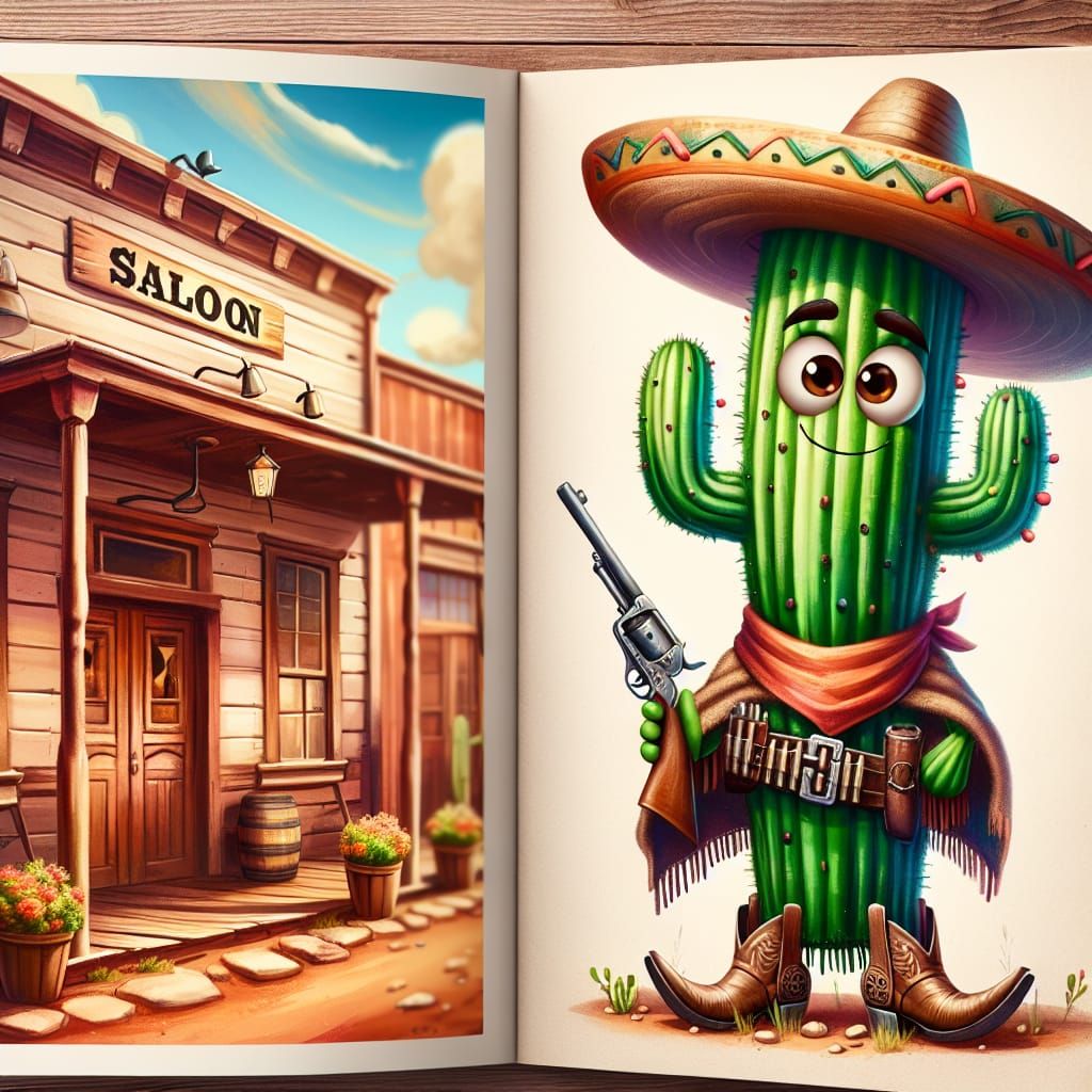 Humorous Cactus Saloon Scene in Western Style