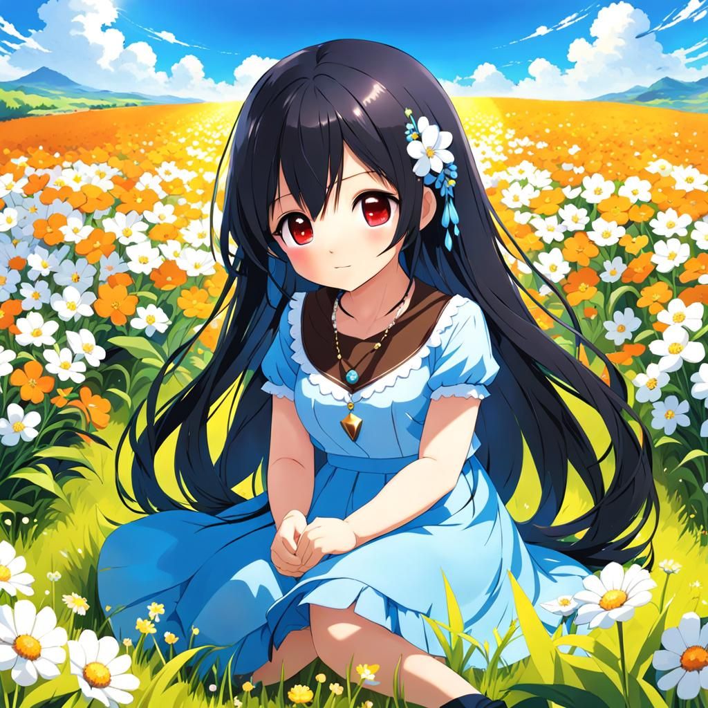 Cute Baby Girl in Flower Field Anime Art