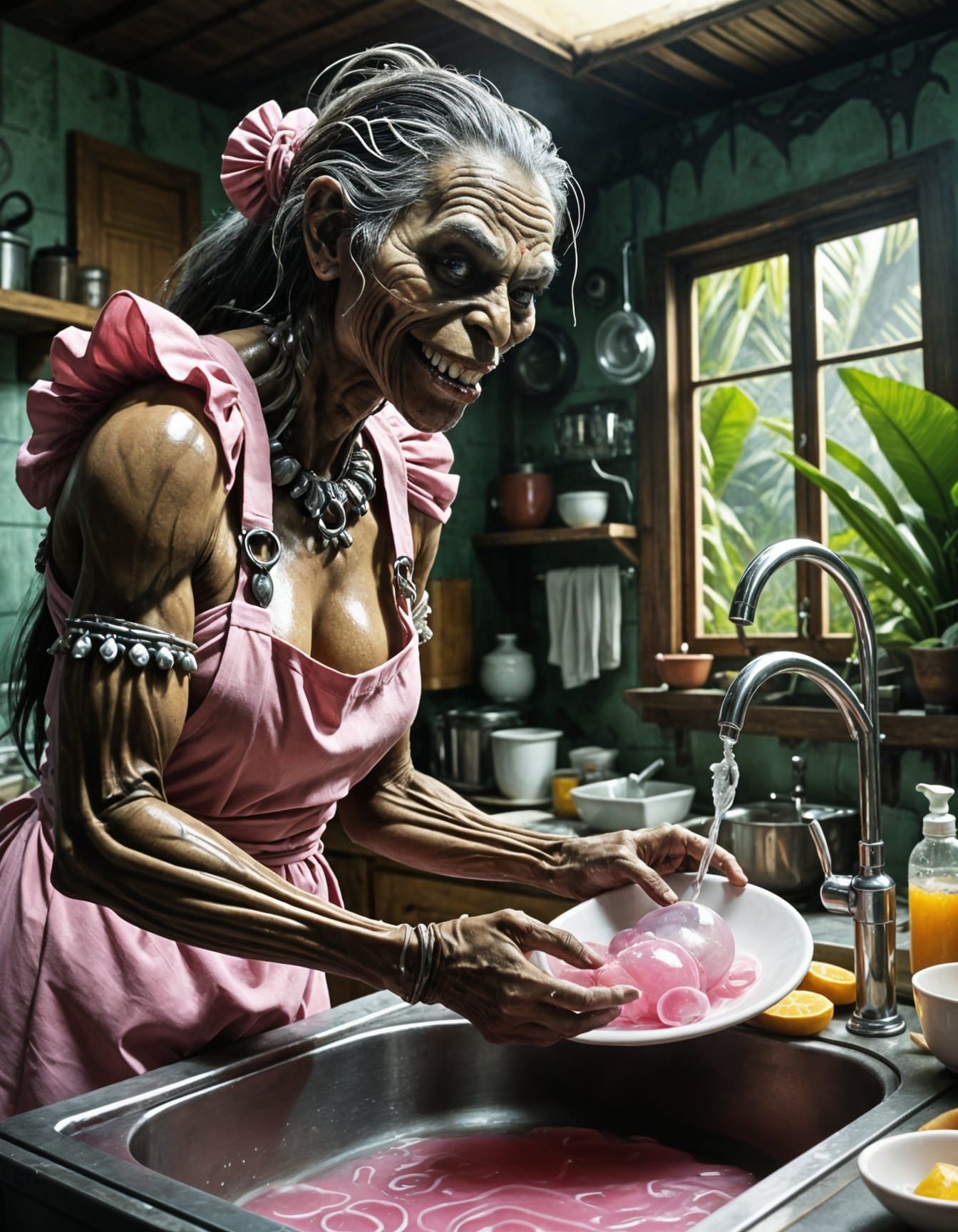Rangda Washes Dishes: A Humorous Surreal Scene