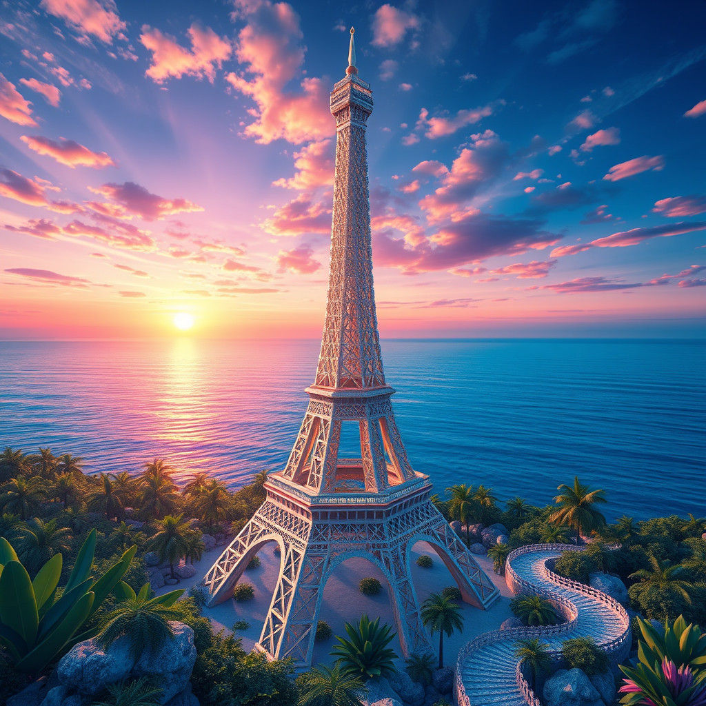 Seashell Eiffel Tower Sunset: Dreamlike Matte Painting