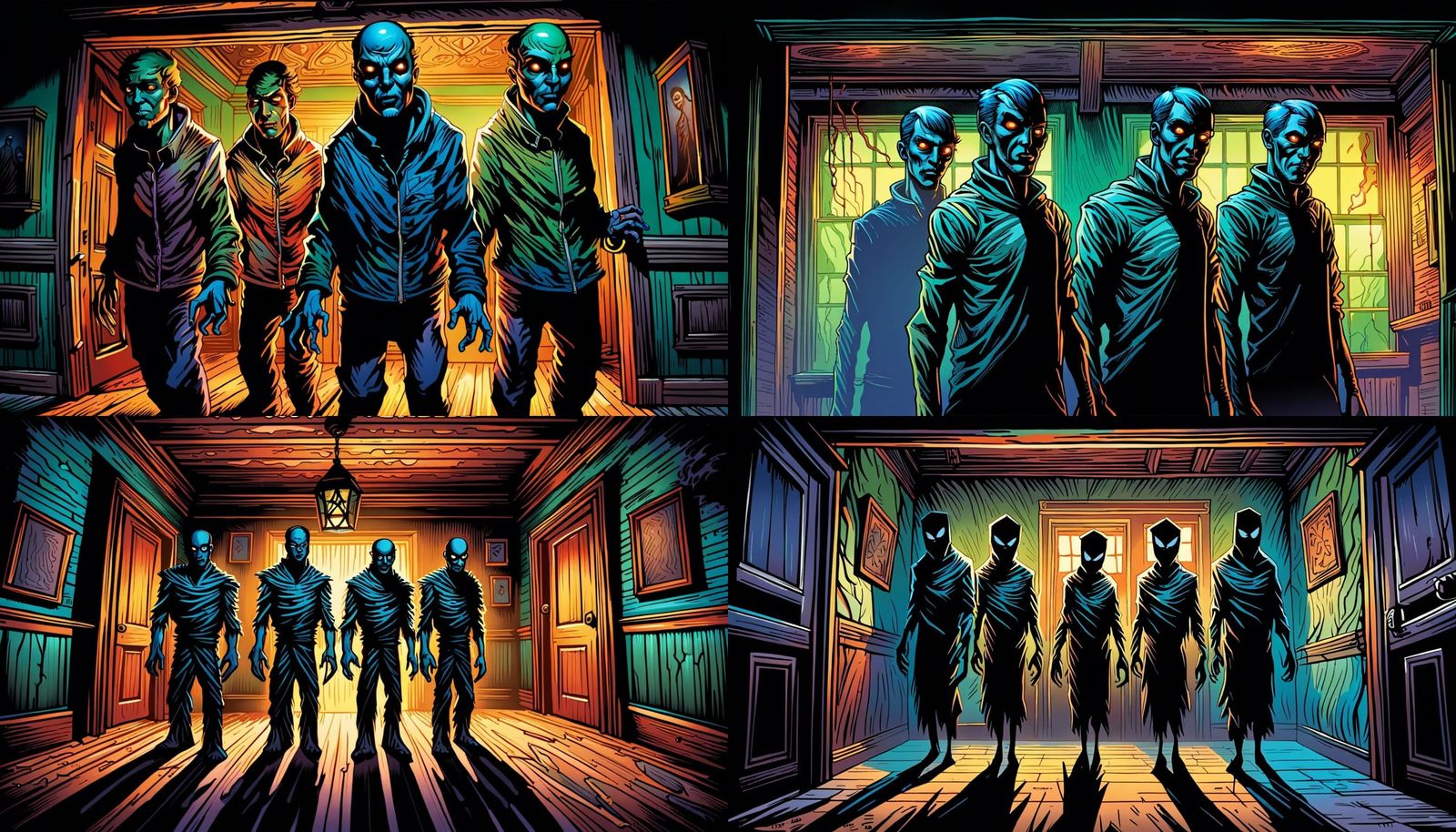 Humanoid Shadows in Haunted House, Comic Book Art
