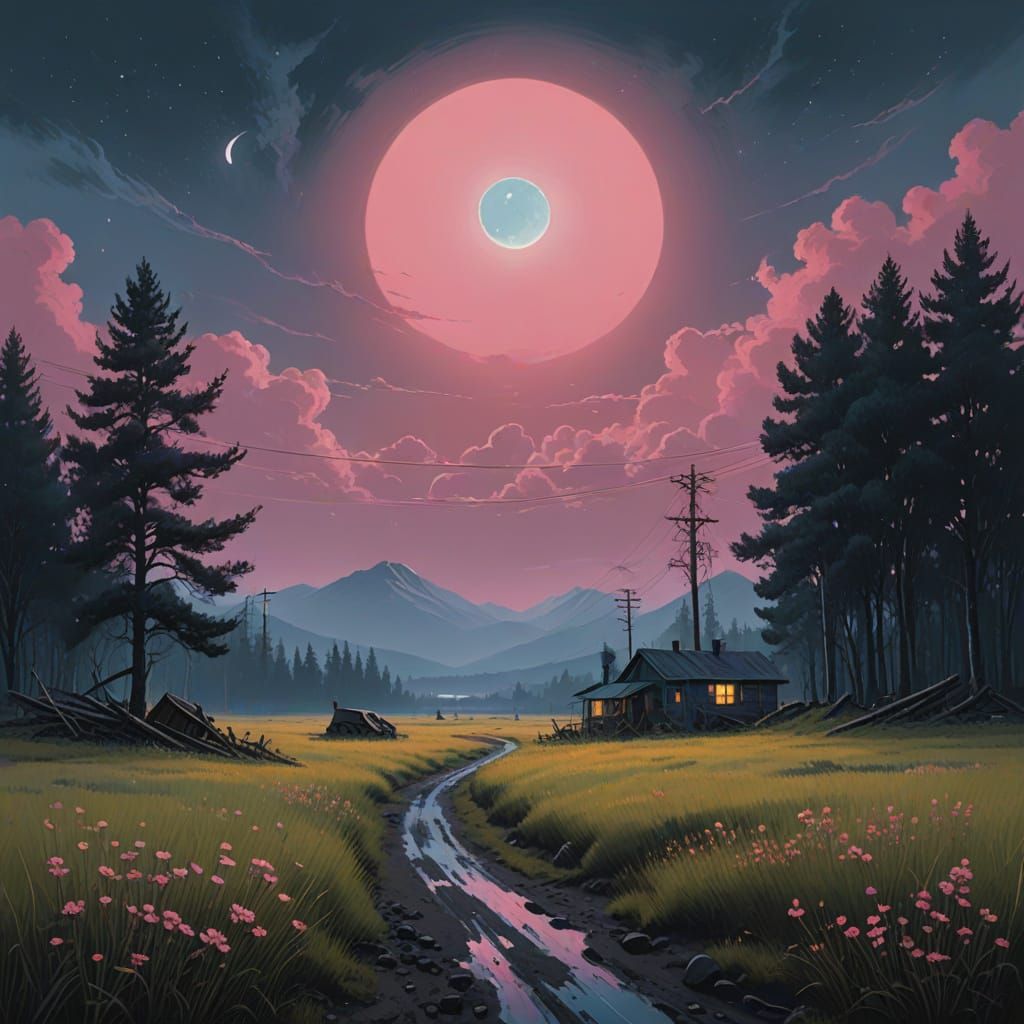 Surreal Moonlit Landscape with Blooming Wildflowers