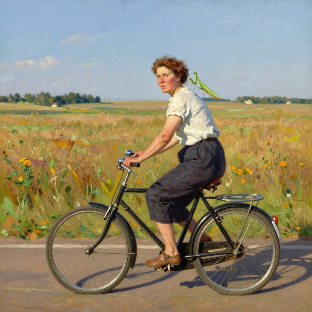 Woman Rides Bicycle on Volga Steppe with Green Mantis
