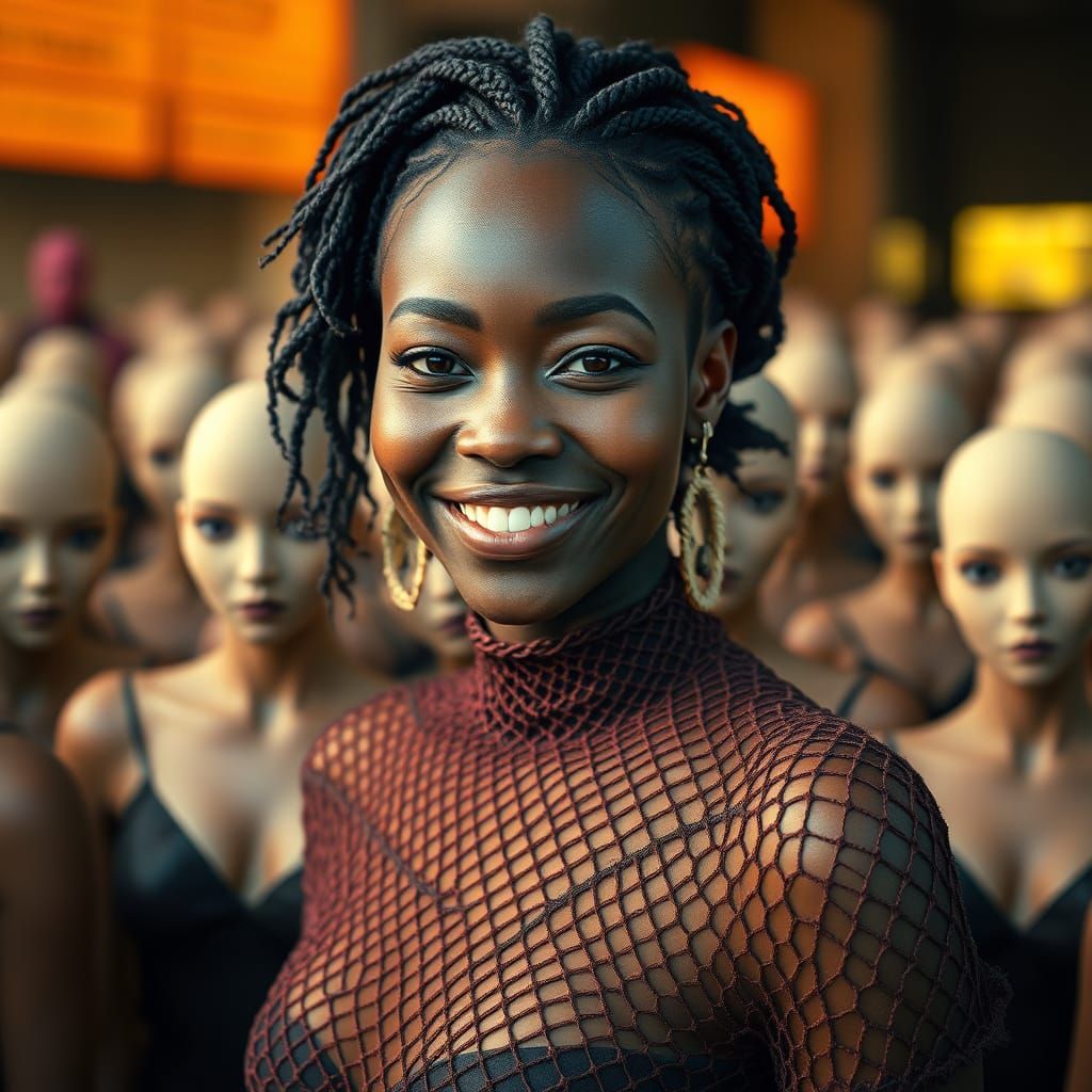 Smiling Woman in Afrofuturist Crowd