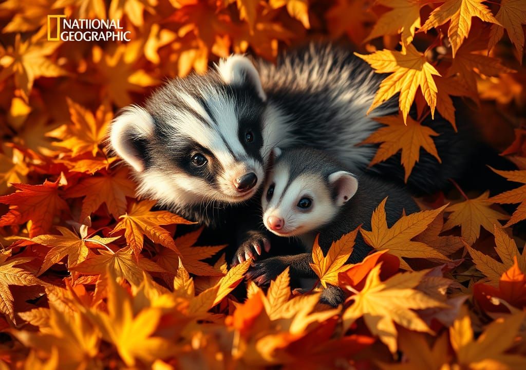 Cute Skunk and Opossum Snuggle in Autumn Leaves