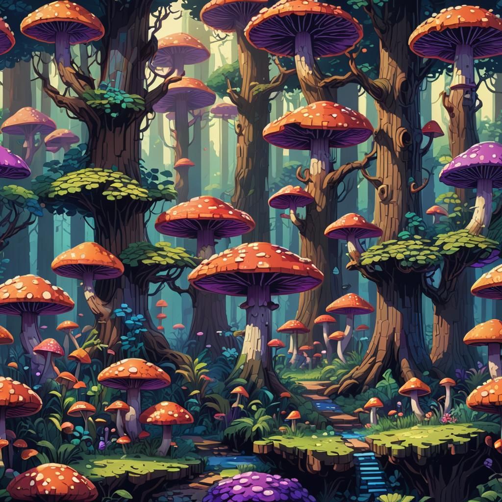 8-Bit Forest with Mushrooms in Pixel Art