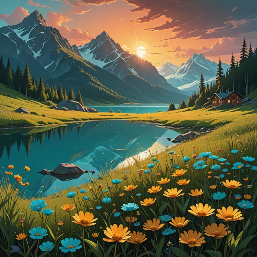 Magical Flower Meadow by Turquoise Lake, Whimsical Style